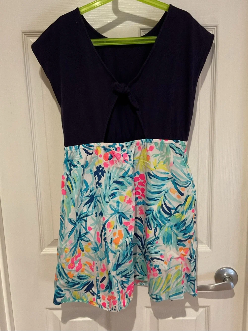 Lilly Pulitzer caila knit dress navy tropical floral pockets cap sleeve 12/14 XL